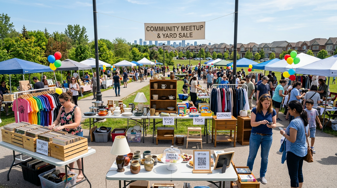 Seller at a garage sale with QR code sign, buyer scanning with phone
