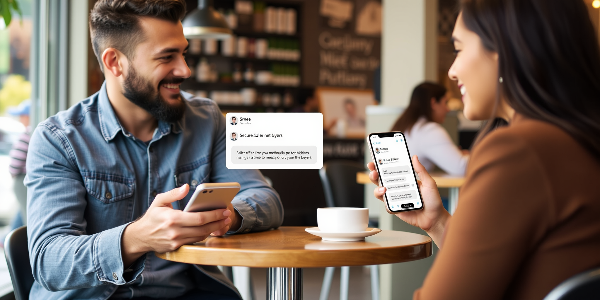 Two people coordinating a meetup through their phones showing chat and scheduling