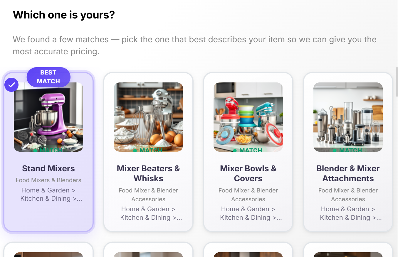 AI-suggested category cards showing 3-5 options