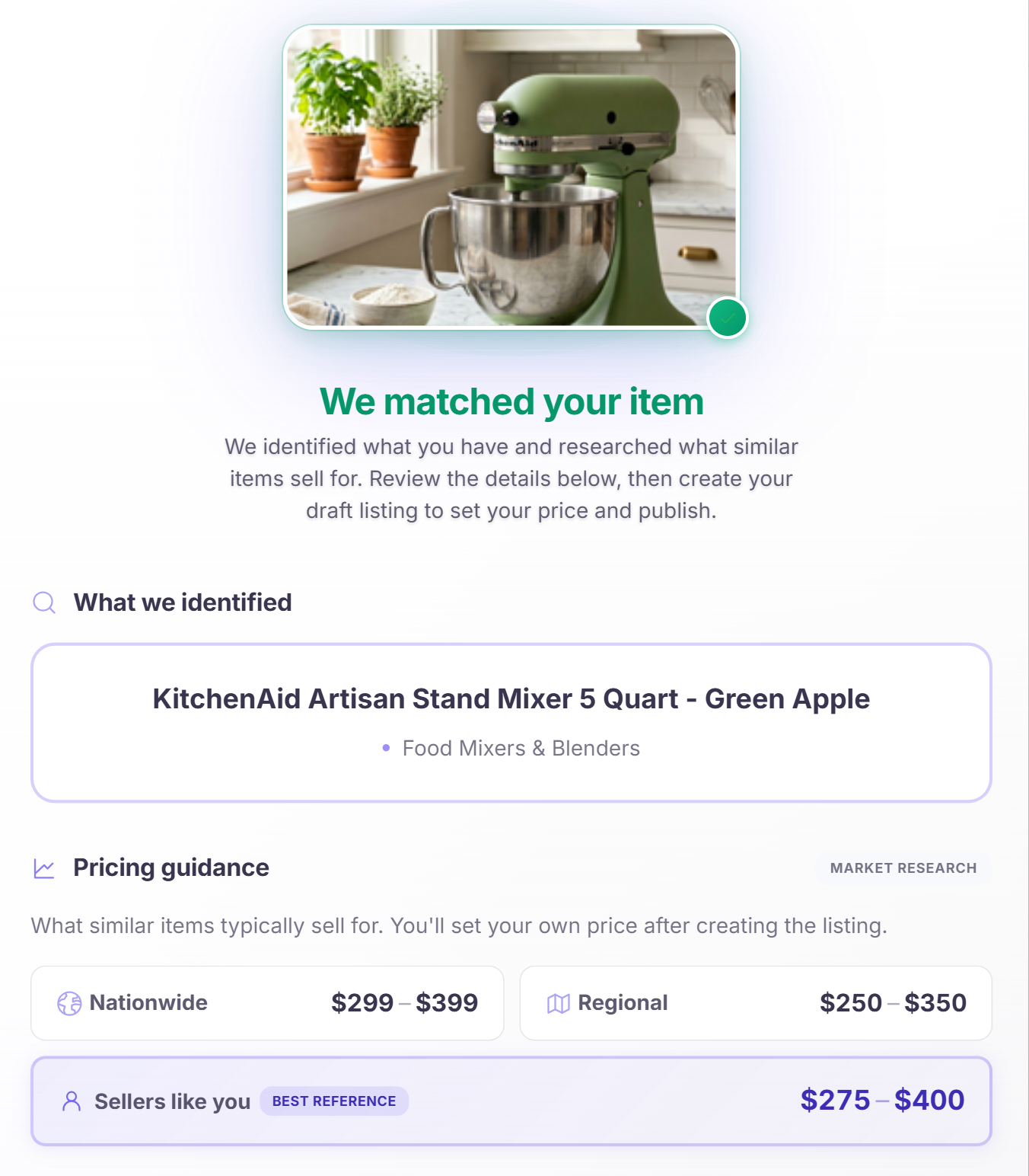 Market analysis results showing pricing data from multiple sources