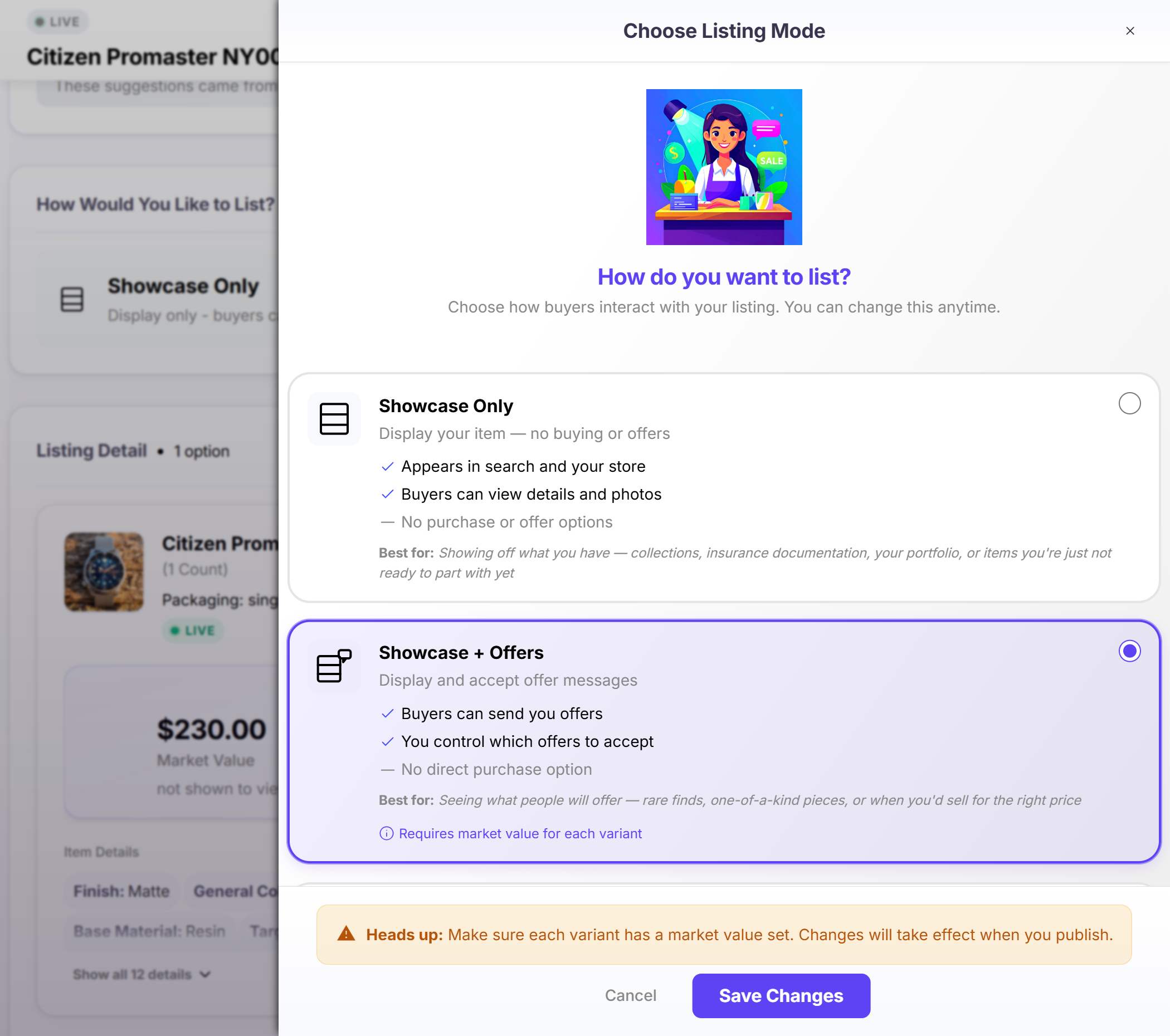 Changing listing mode to accept offers on a collection item