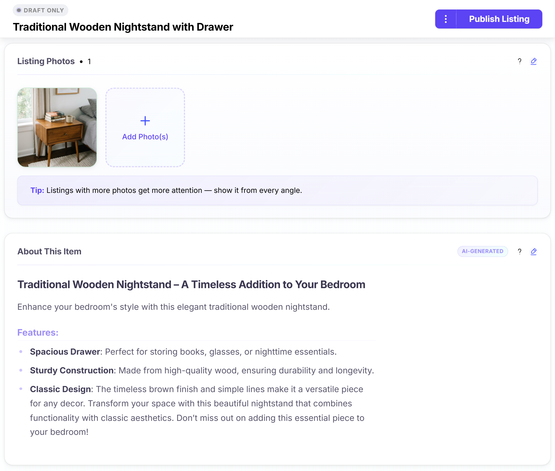Draft editing interface with autosave indicator and unpublished changes badge