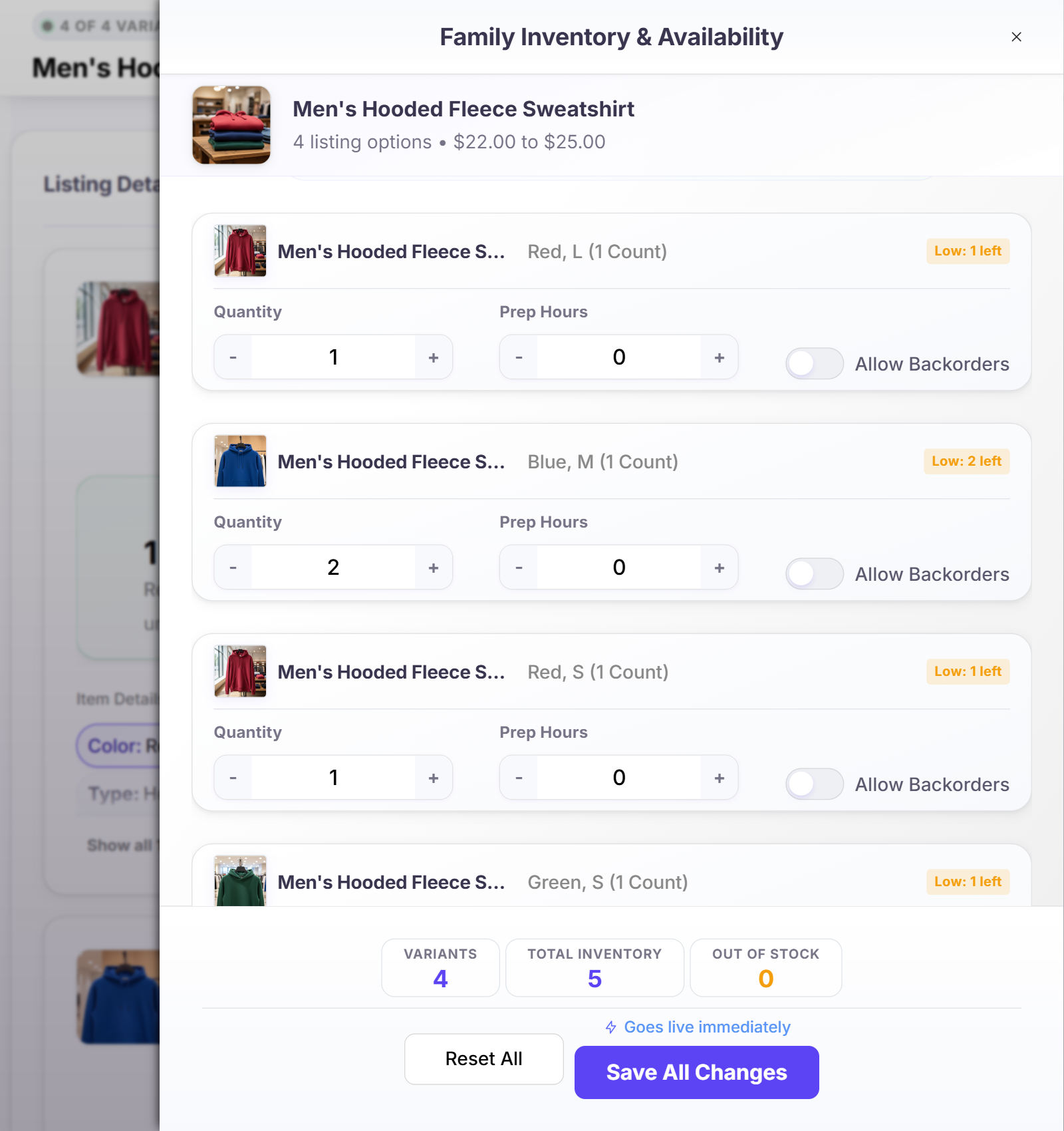 Inventory management table showing stock levels and alerts per variant