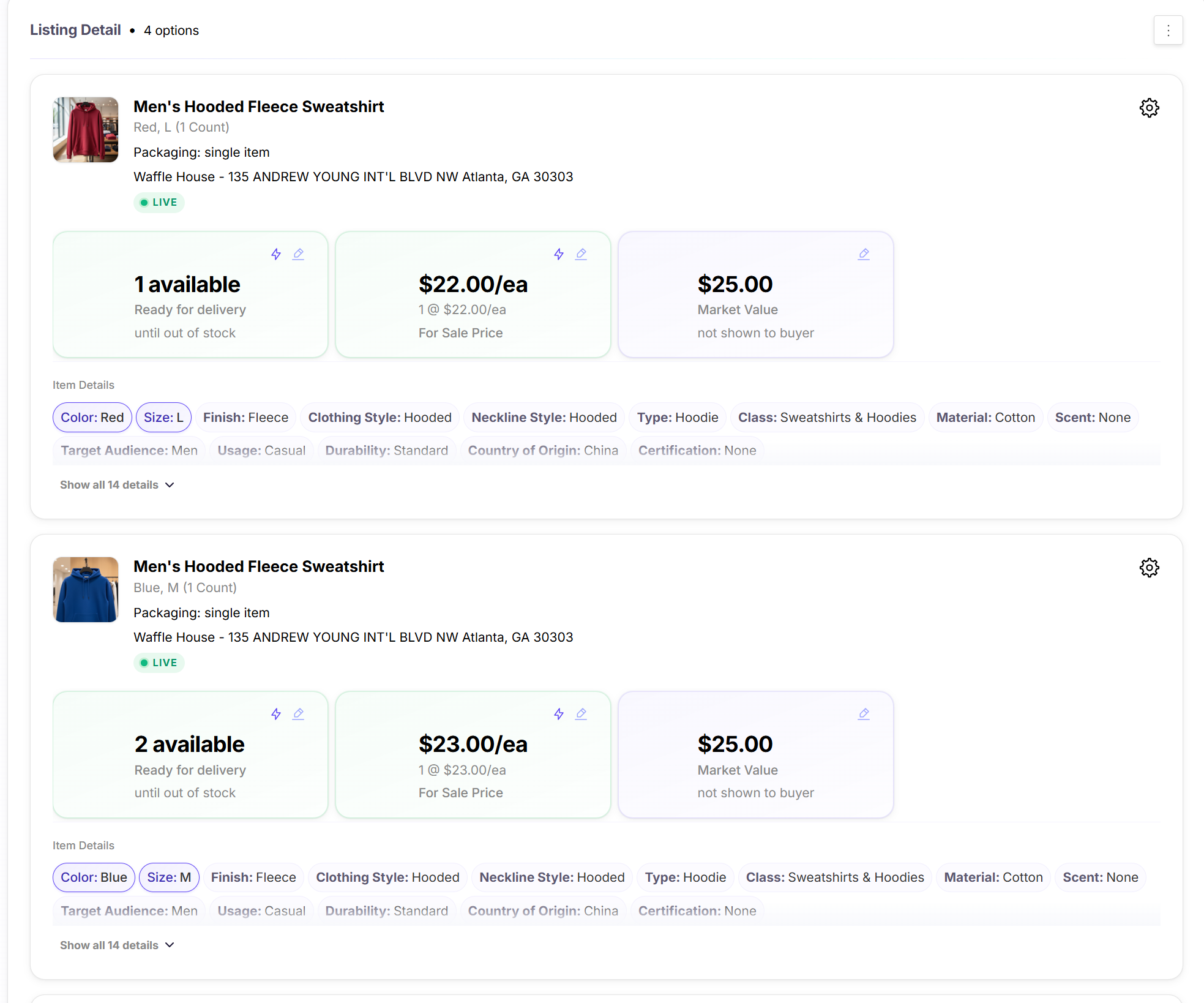 Inventory management interface with variant tracking for handmade items