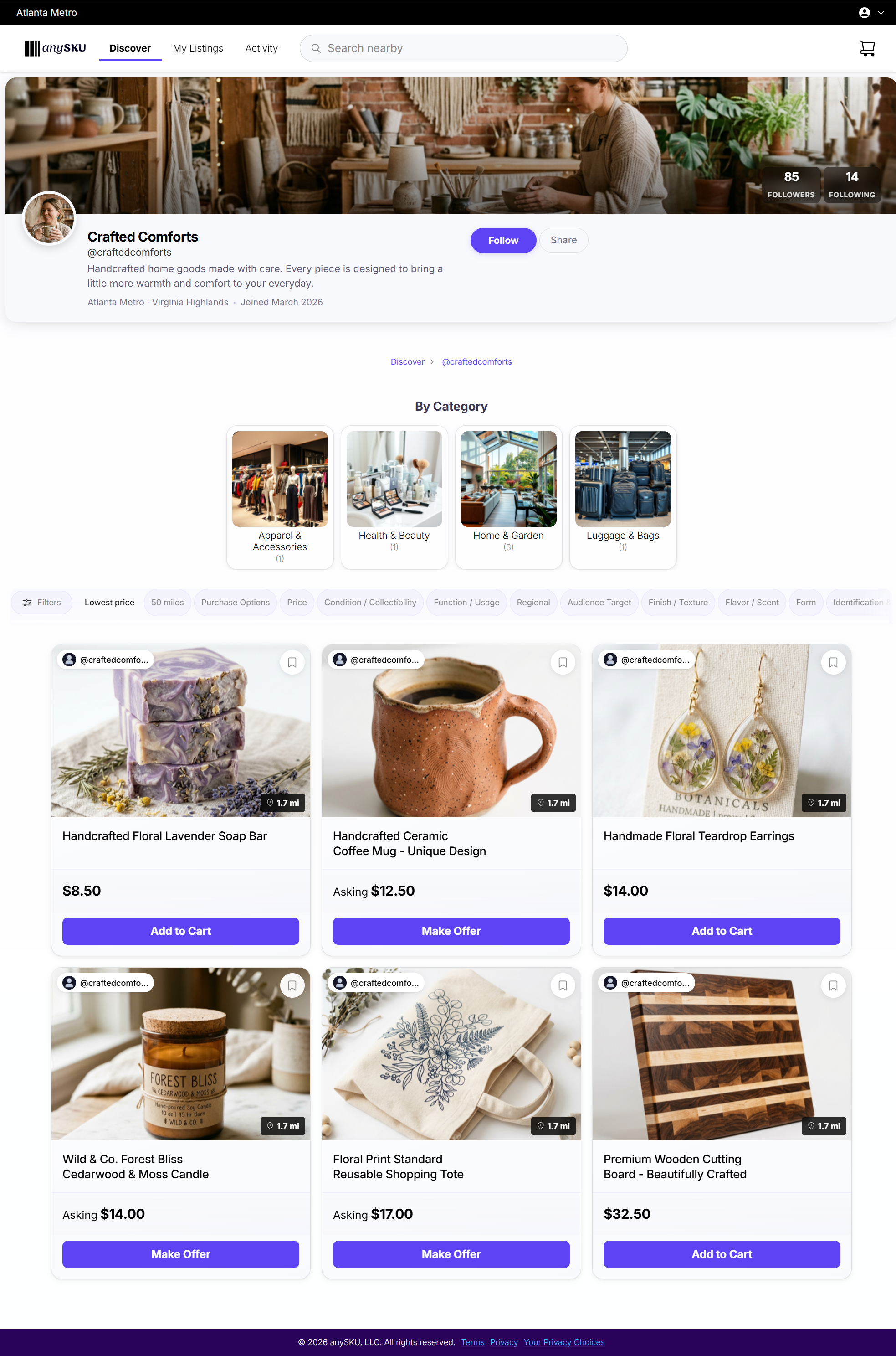 Maker's public storefront displaying handmade crafts