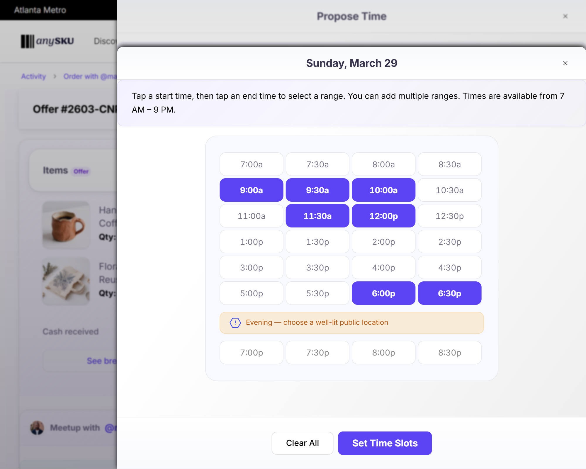 Seller availability scheduling interface with time slot selection