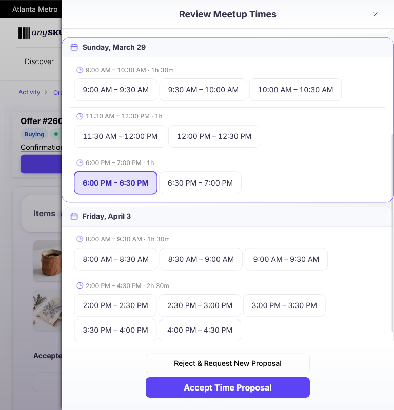 Buyer selecting a meetup time slot and committing to attend