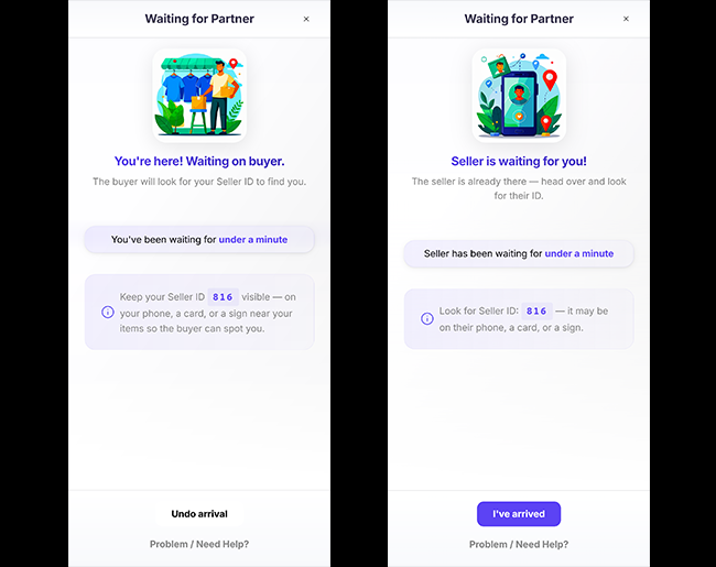 Location check-in screen showing both parties' arrival status