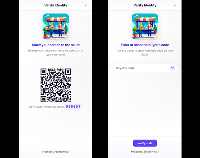 Verification code display and entry screen for identity confirmation