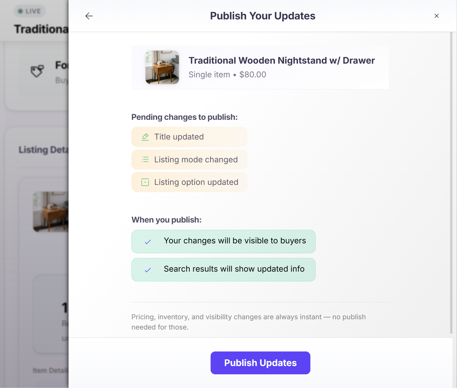 Publish confirmation dialog showing changes summary and preview