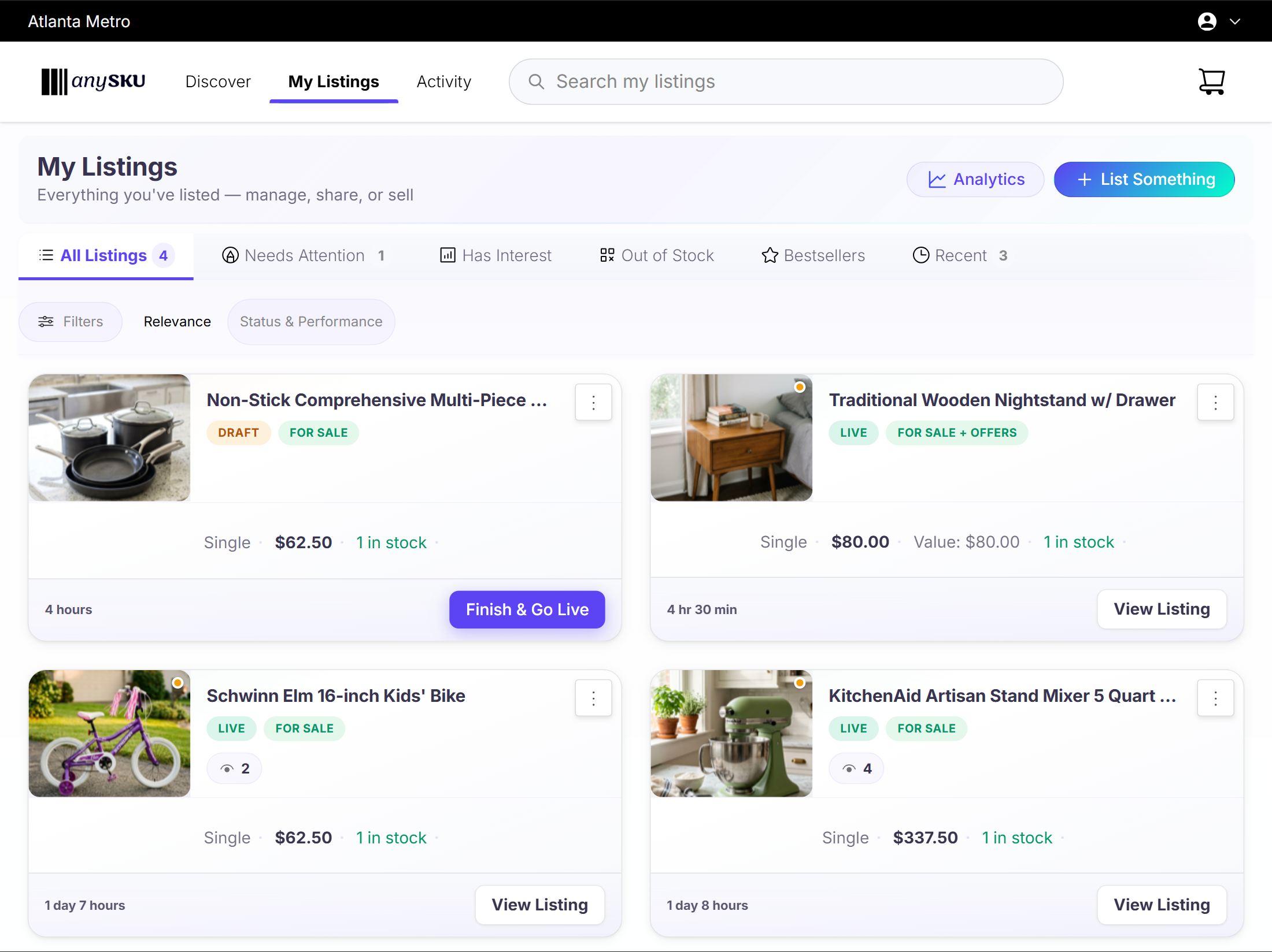 Seller dashboard overview with listing cards, filters, and quick actions