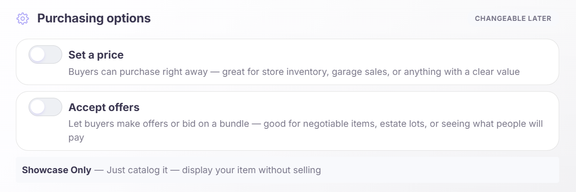 Listing mode toggle showing Showcase Only and Showcase + Offers options